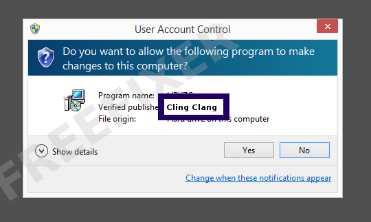 Screenshot where Cling Clang appears as the verified publisher in the UAC dialog